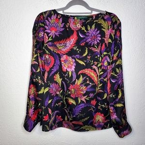 Lauren Ralph Lauren Black Long Sleeve Blouse Sz L Boat Neck, Colorful Florals